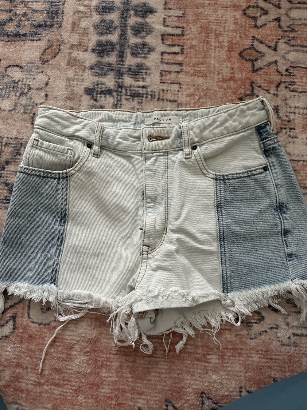 PacSun Two-Tone Frayed Hem Denim Shorts - Medium & Light Blue Panels